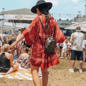 Rustic Red Floral Boho Babydoll Mini Dress, Festival Summer Dress